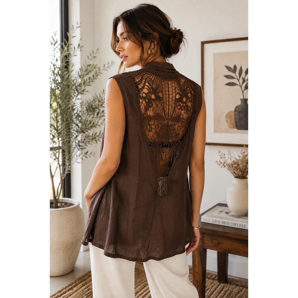 Chico's 3 XL 16/18 Brown Linen Lace Back Cardigan Vest Boho
